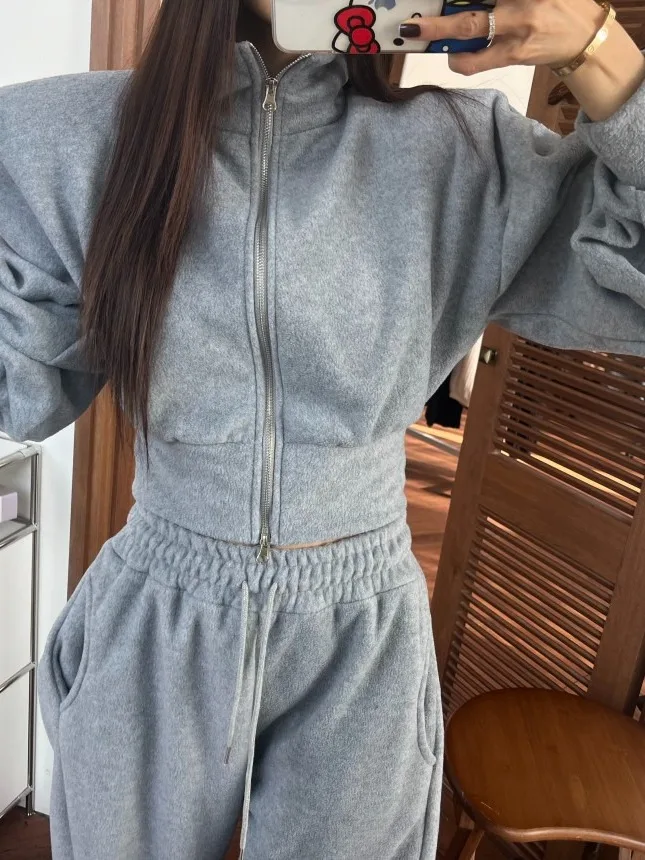 

Dongda Gate High Waist ort Fce Lined Hoodie Jaet Women's Zipper Closure Casual Sweatirt Set with Long Pants