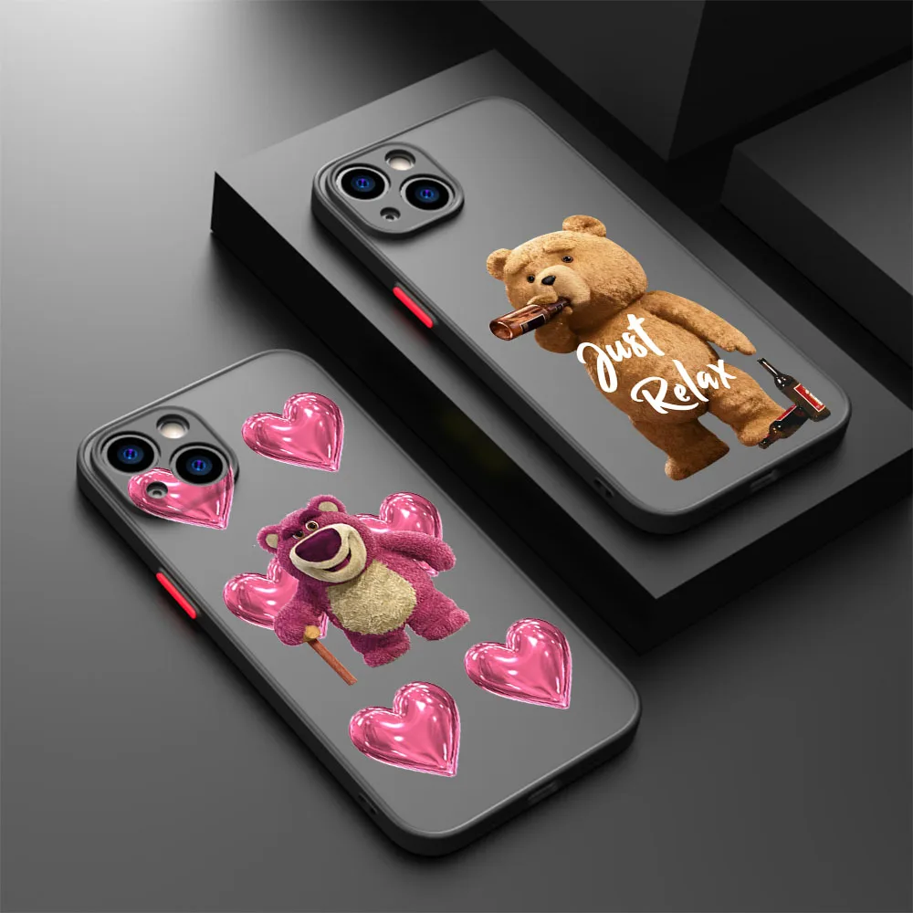 Phone Case For iPhone 15 Pro XS Max 14 7 8 6 6s Plus SE 11 12 13 Mini X XR Teddy Fashion Bear Cute Black Translucent Cover