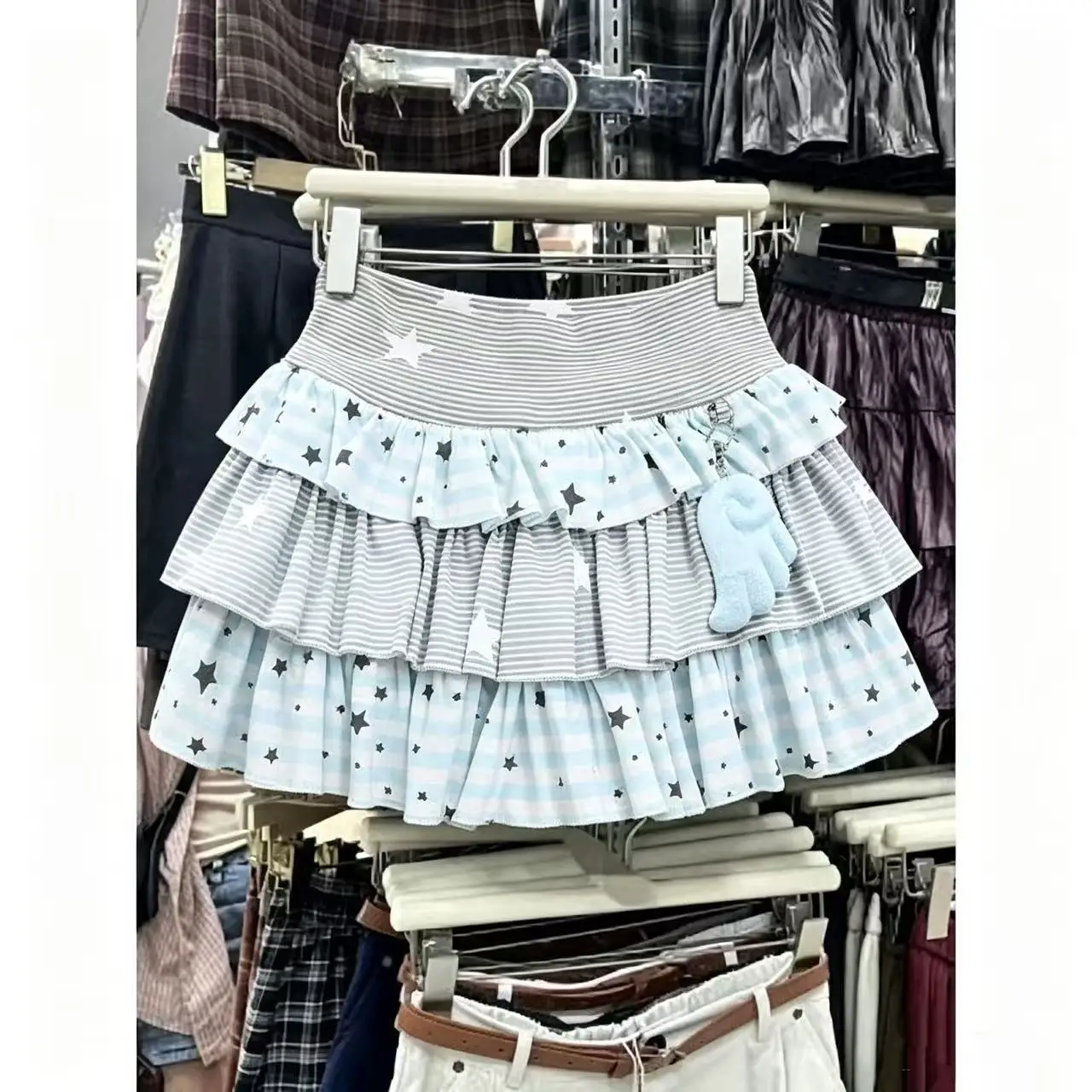 Kimotimo Cute Star Striped Patchwork Mini Skirt Women Japanese Y2k Aesthetic High Waist Fluffy A-line Cake Skirts Sweet Faldas