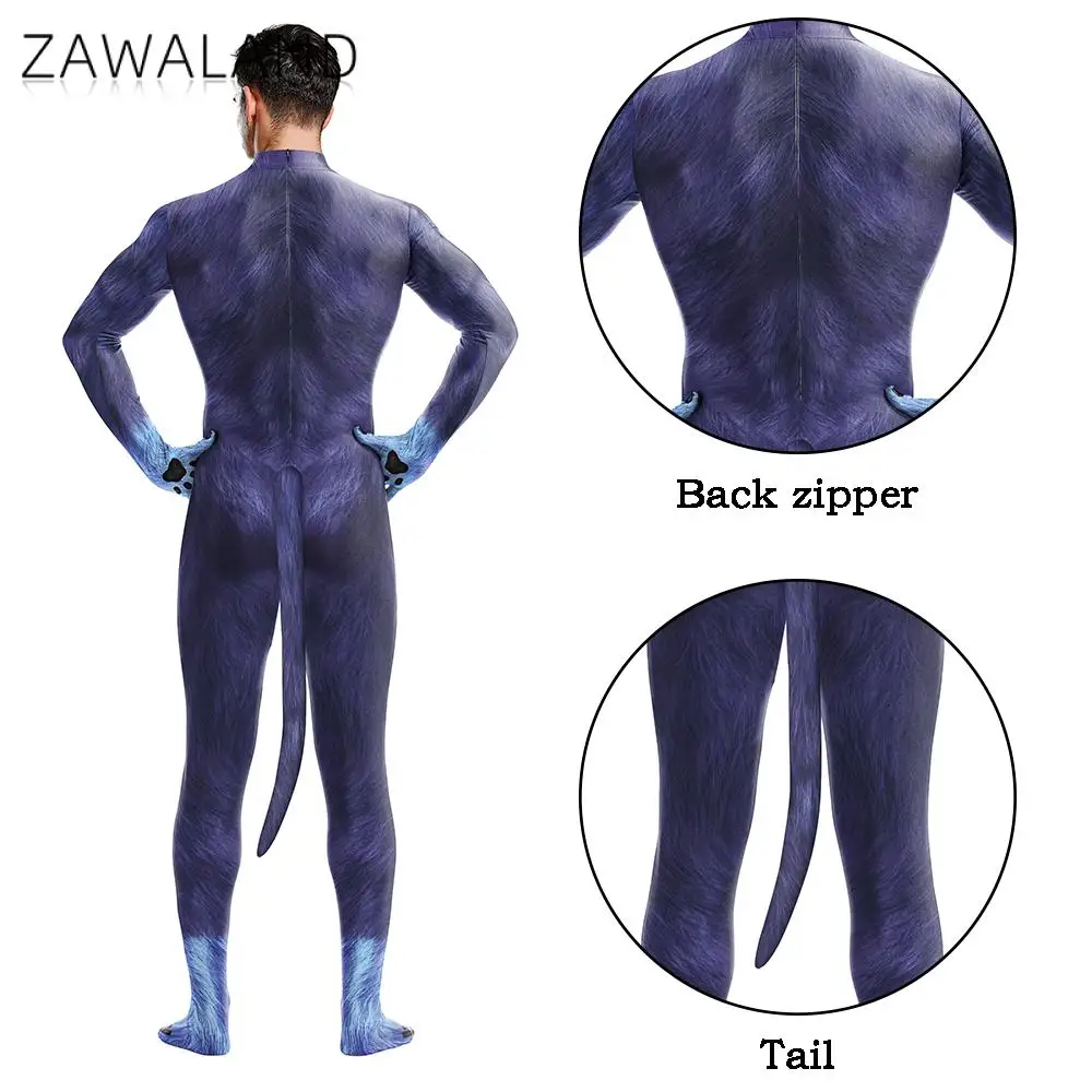 Zawaland คอสเพลย์เครื่องแต่งกายสำหรับชายผู้ใหญ่เต็มรูปแบบยืดหยุ่น Zentai ชุดสูทสำหรับสัตว์เลี้ยงสัตว์สุนัขลูกสุนัขพิมพ์ Catsuit พร้อมหาง