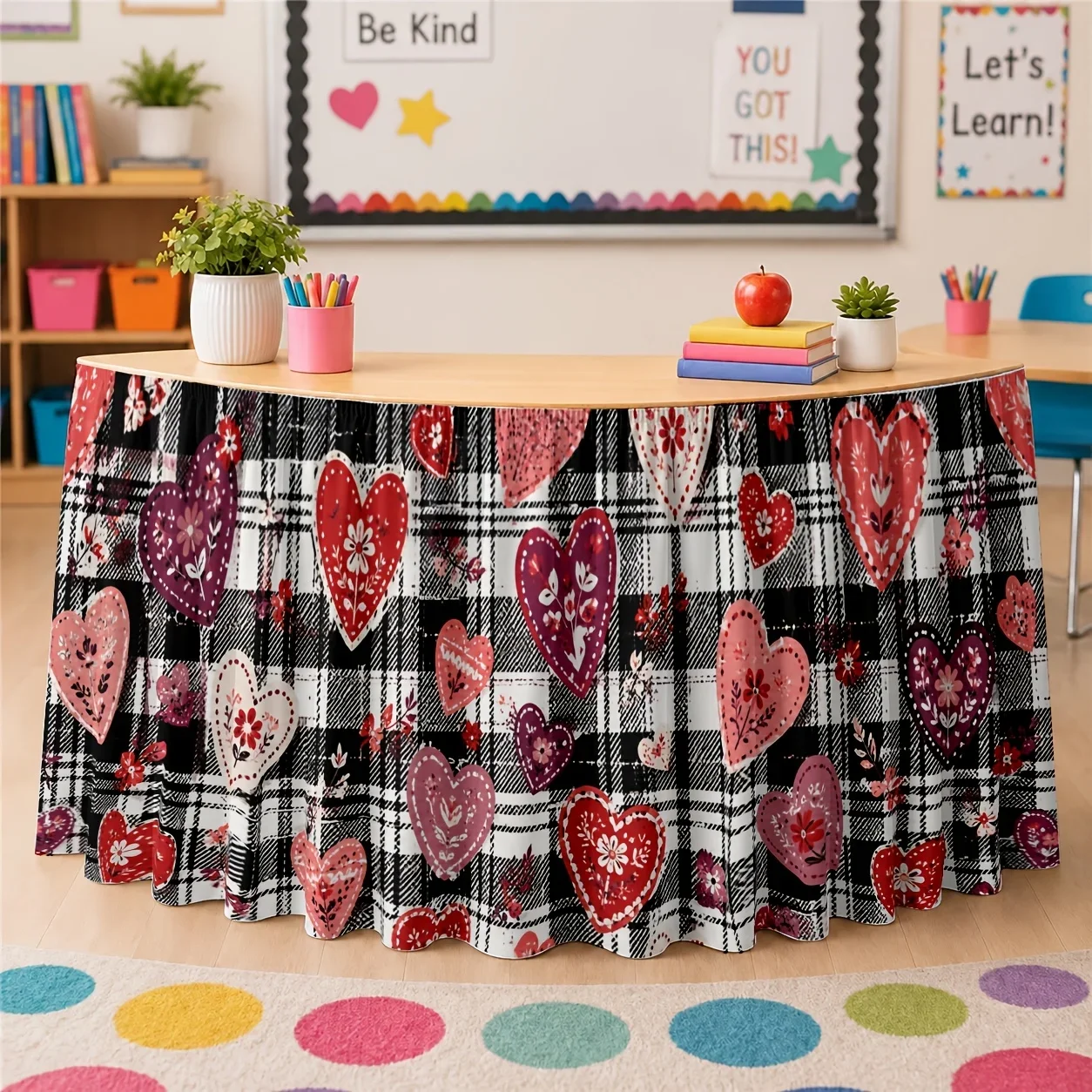 Table skirt: Red, heart-shaped, check pattern, romantic, Valentine's Day, party. / 1 piece