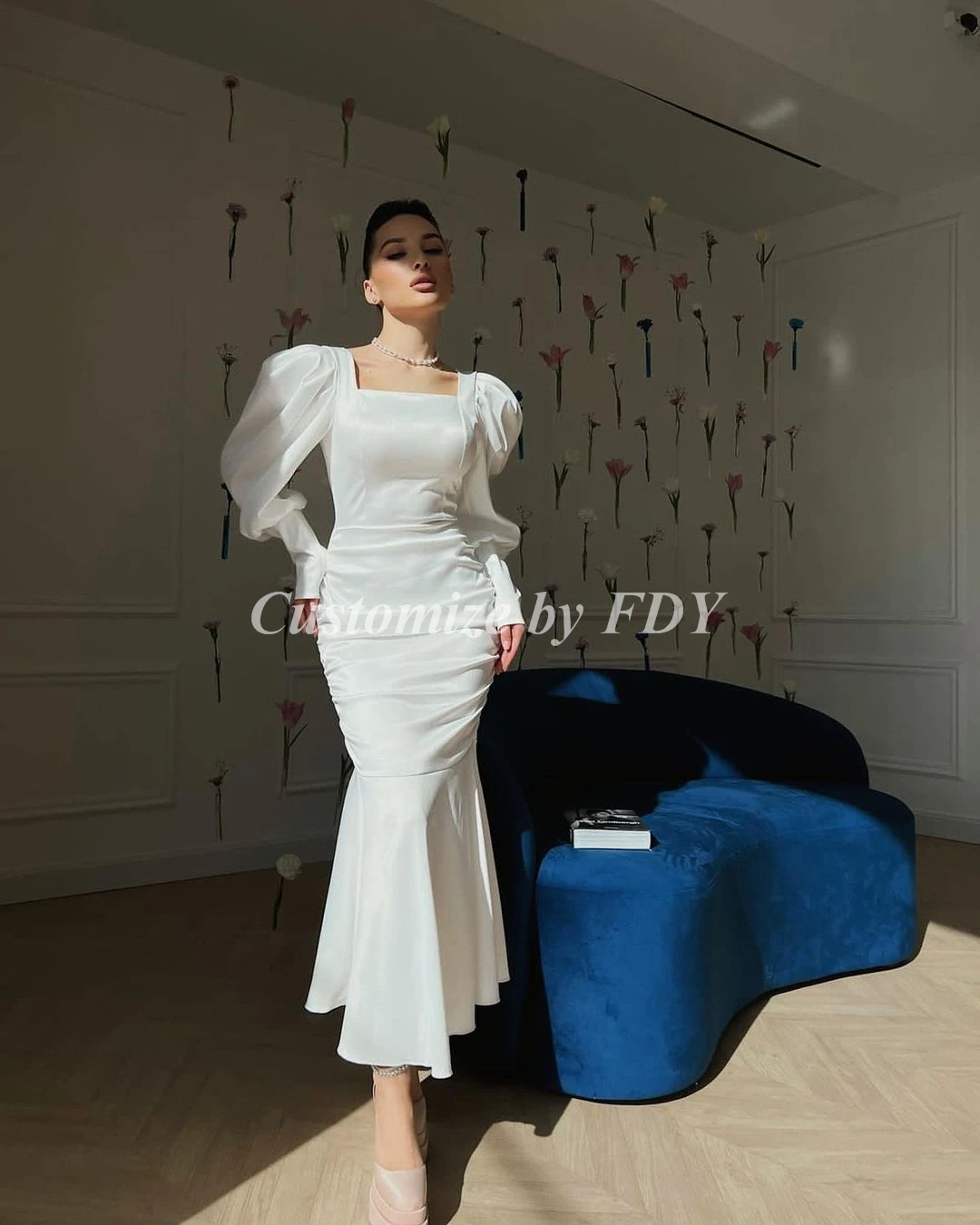 

FDY Store Mermaid Prom Dresses Ivory Satin Puff Sleeves Tea Length Dubai Women Prom Gowns Formal Party Dress