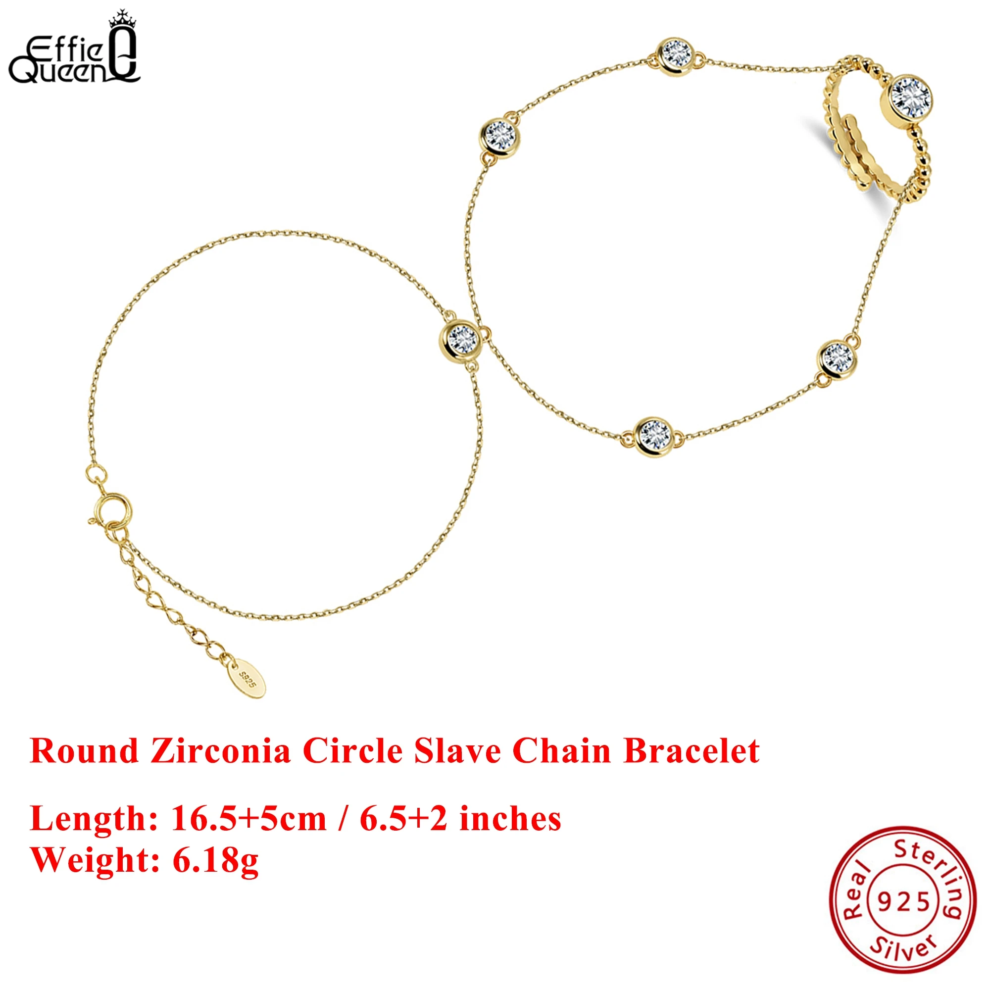 

EFFIE QUEEN 925 Pure Silver 14k Gold Round Zirconia Slave Chain Bracelet Plus Ring Luxury Jewelry for Women, Men Banquet APV05