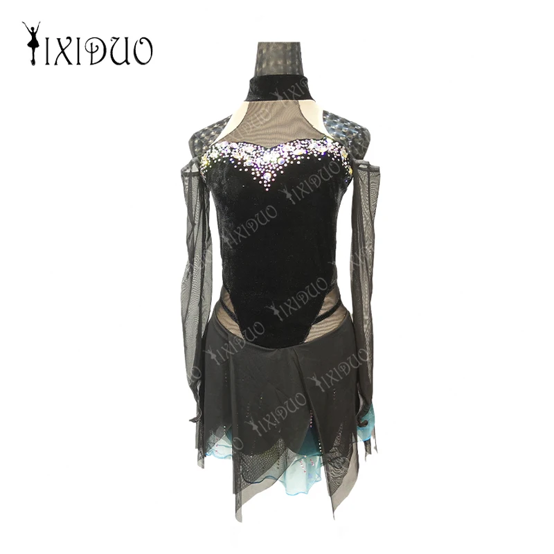 Black Figure Skating Dress for Women Girls Long Sleeve Shiny Handmade Rhinestones Performance Competition Ice Skating Outfits