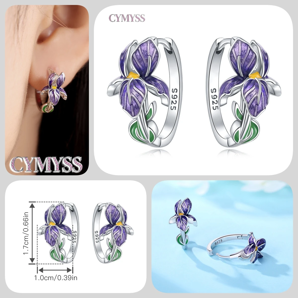 925 Sterling Silver Purple Flowers Plants Leaf Series Blue Iris Flower Earring Hoop Earrings For Women Jewelry Gifts Eardrop