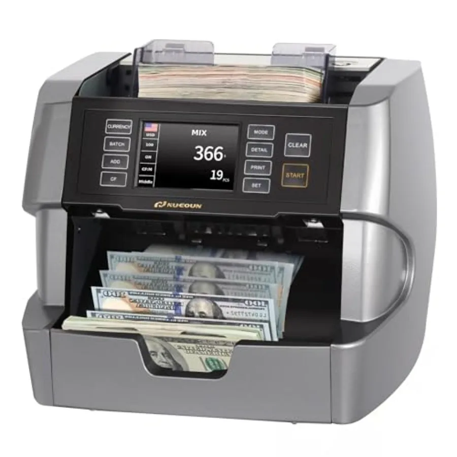 

Bank-grade money counter for mixed denominations and multi-currency use, black metal housing with blue LED display, high-speed