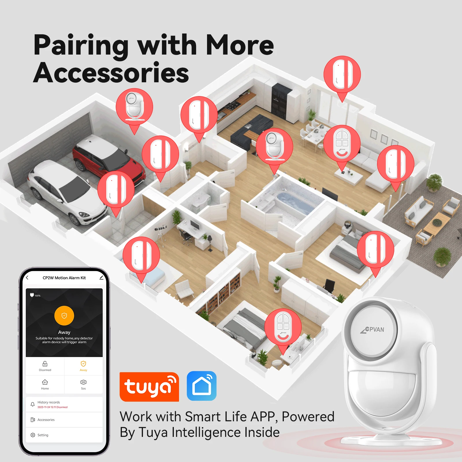 CPVAN-Tuya Smart Home Alarm System, Sem Fio, WiFi, 2.4G, Home Burglar Security, Porta, Sensor de Janela, 125dB, Sensor de Movimento