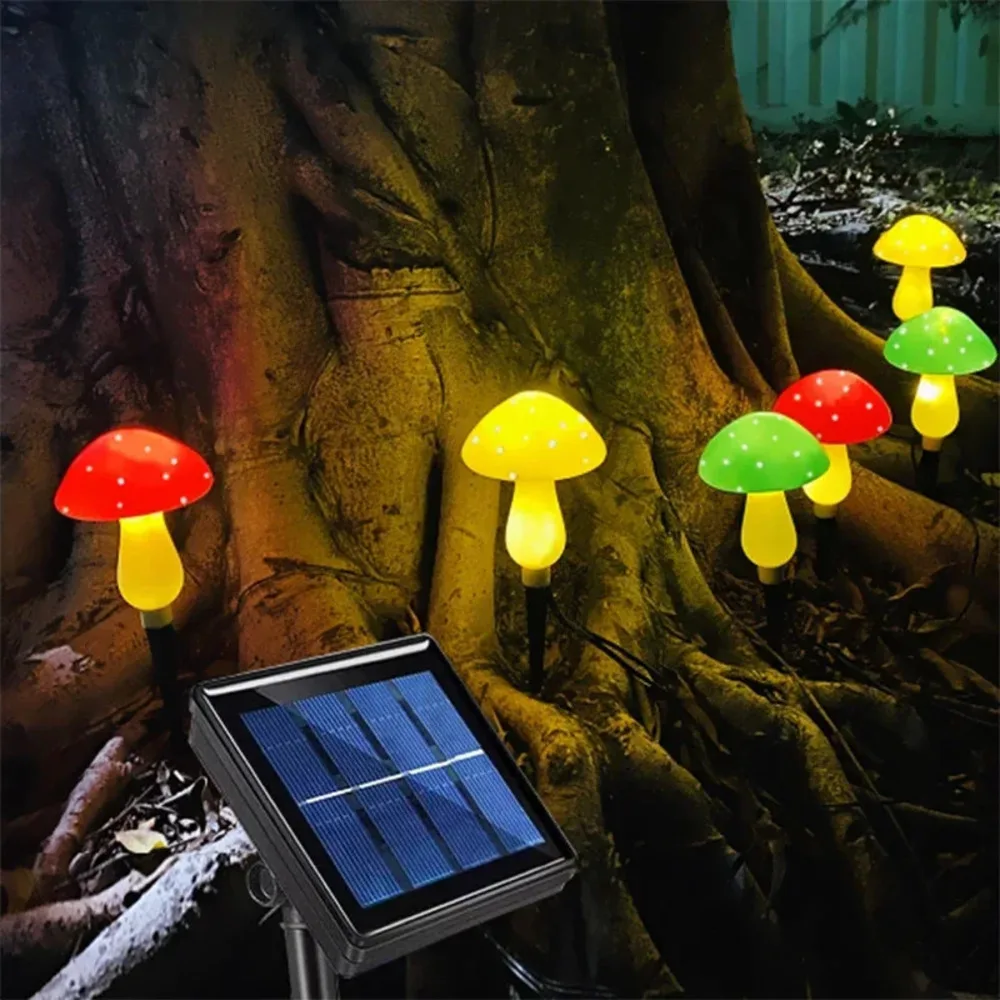 Solar outdoor lights, cute garden mushroom outdoor decorative pile string lights, solar waterproof outdoor lights
