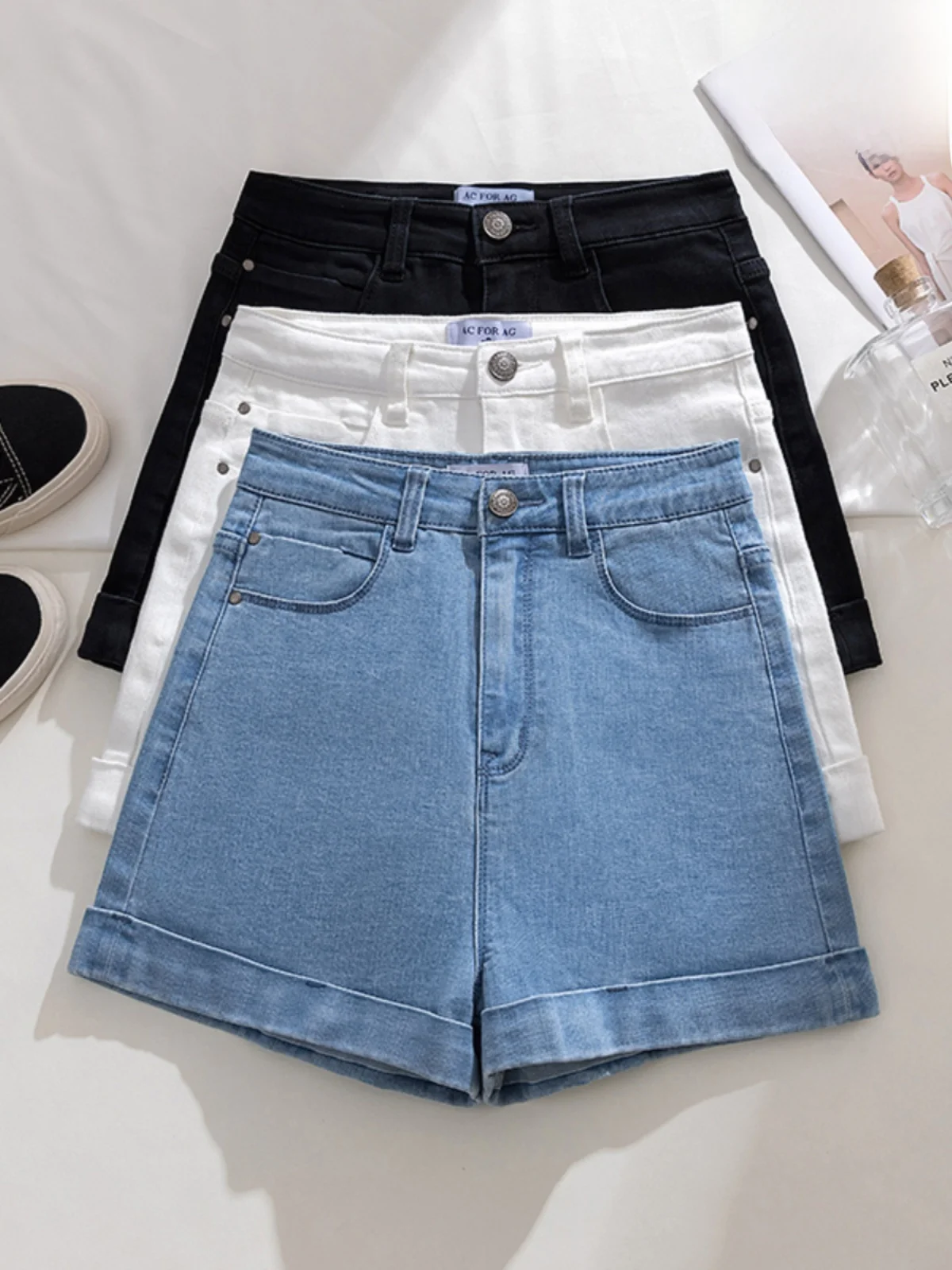 High Waist A-Line Shorts Summer Student Hot Pants Loose Fit Denim Versatile Cuffed Slimming New Style Women's Jeans