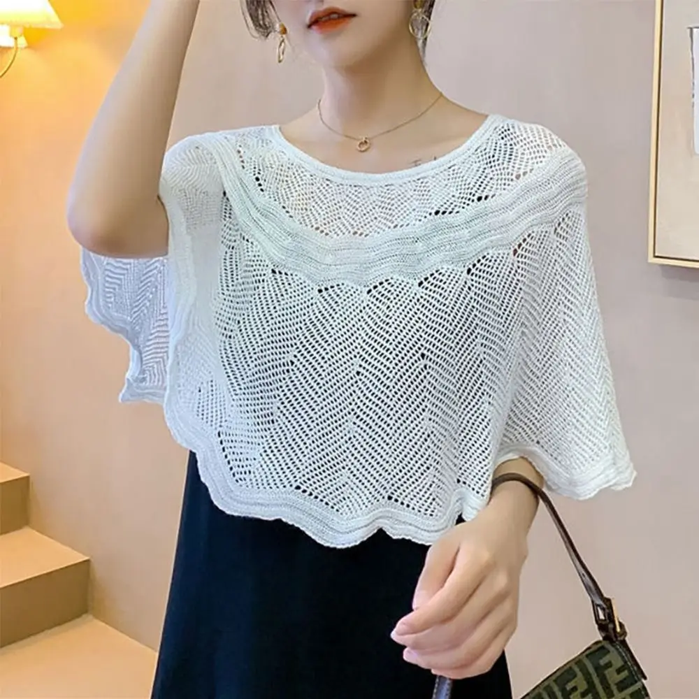Versatile Pure Color Knitted Shawl Solid Color Hollow Design Knit Cover Cheongsam Outerwear Spring Autumn