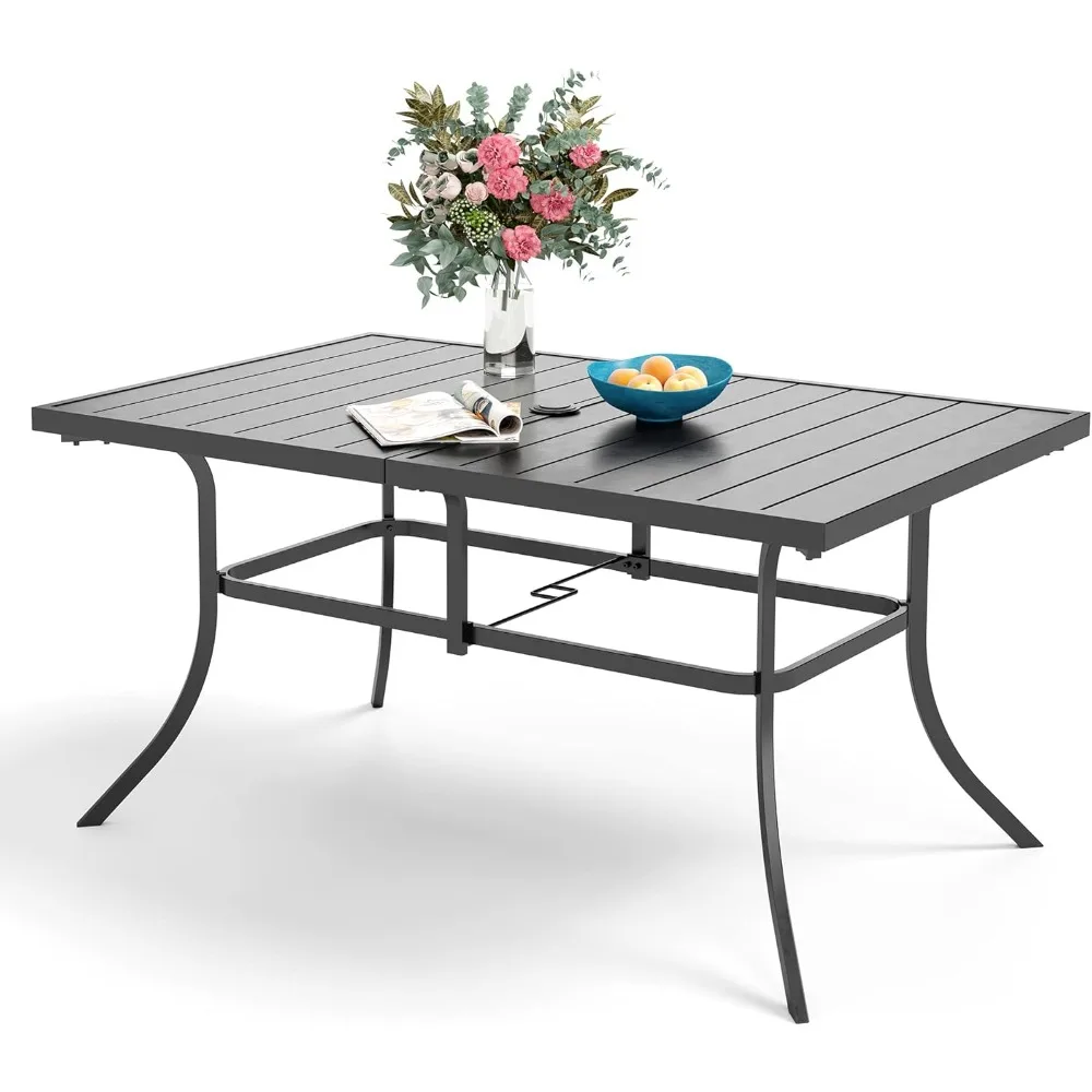 

Sophia & William Outdoor Patio Table for 6 People, Rectangular Metal Patio Outdoor Dining Table, Black Steel Slatted Weather-Res
