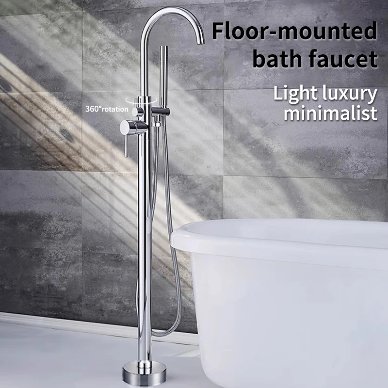 Copper freestanding bath faucet; cold and hot cylindrical side shower; hotel and guest house wooden barrel bath faucet.