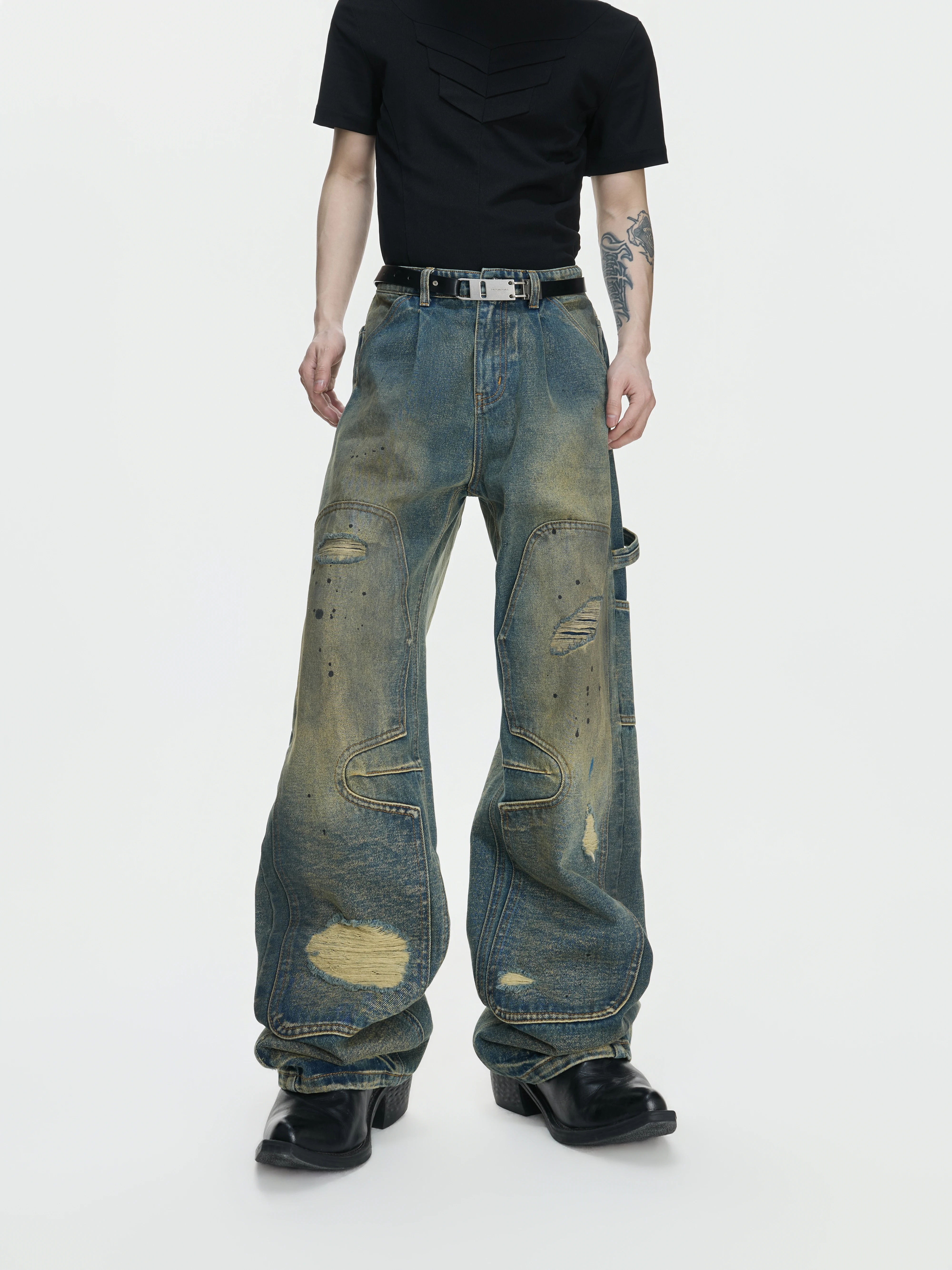 ArguE Heavyweight Washed Ripped Double Knee Logging Denim Jeans Stained Straight Leg Workwear Long Trousers Patched Youth Fas...