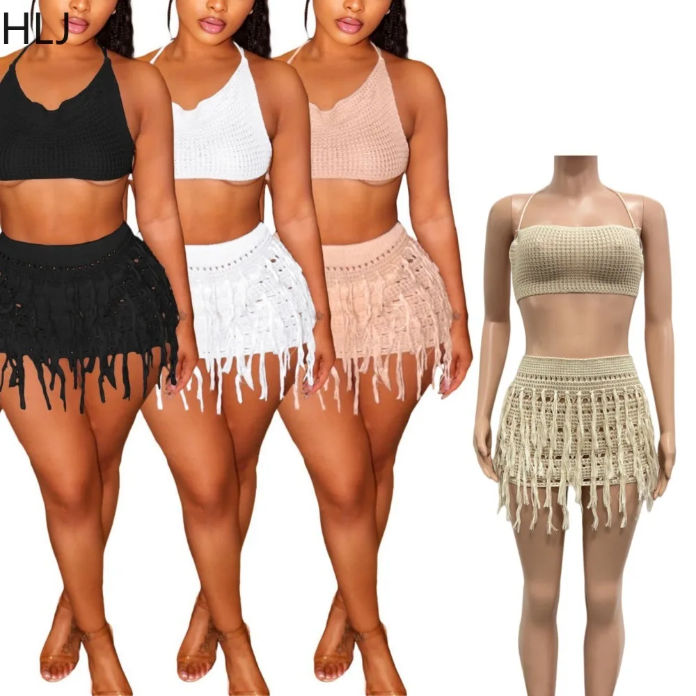 HLJ Women Crochet Fringe Two Piece Skirt Set Sexy Halter Backless Crop Top Mini Tassel Skirt Matching Casual Streetwear Summer