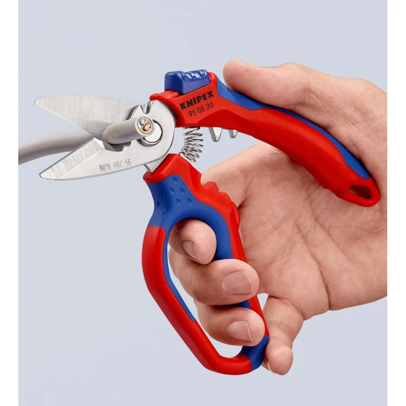 KNIPEX Angled Electrician Scissors with Two Crimping Areas for Non-Slip Cut Duty Bent Trimmer Wire Rope Shears 95 05 20 SB