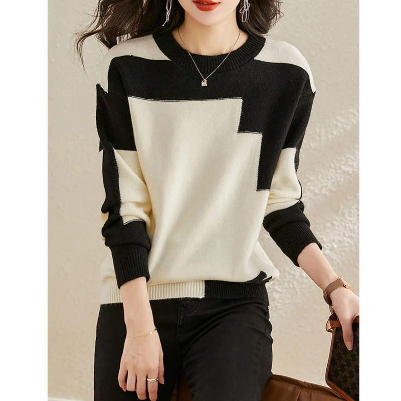 Women Korean Fashion Contrast Color Patchwork Elegant Knitted Sweaters Autumn Winter Casual O Neck Long Sleeve Tops Soft Jumpers