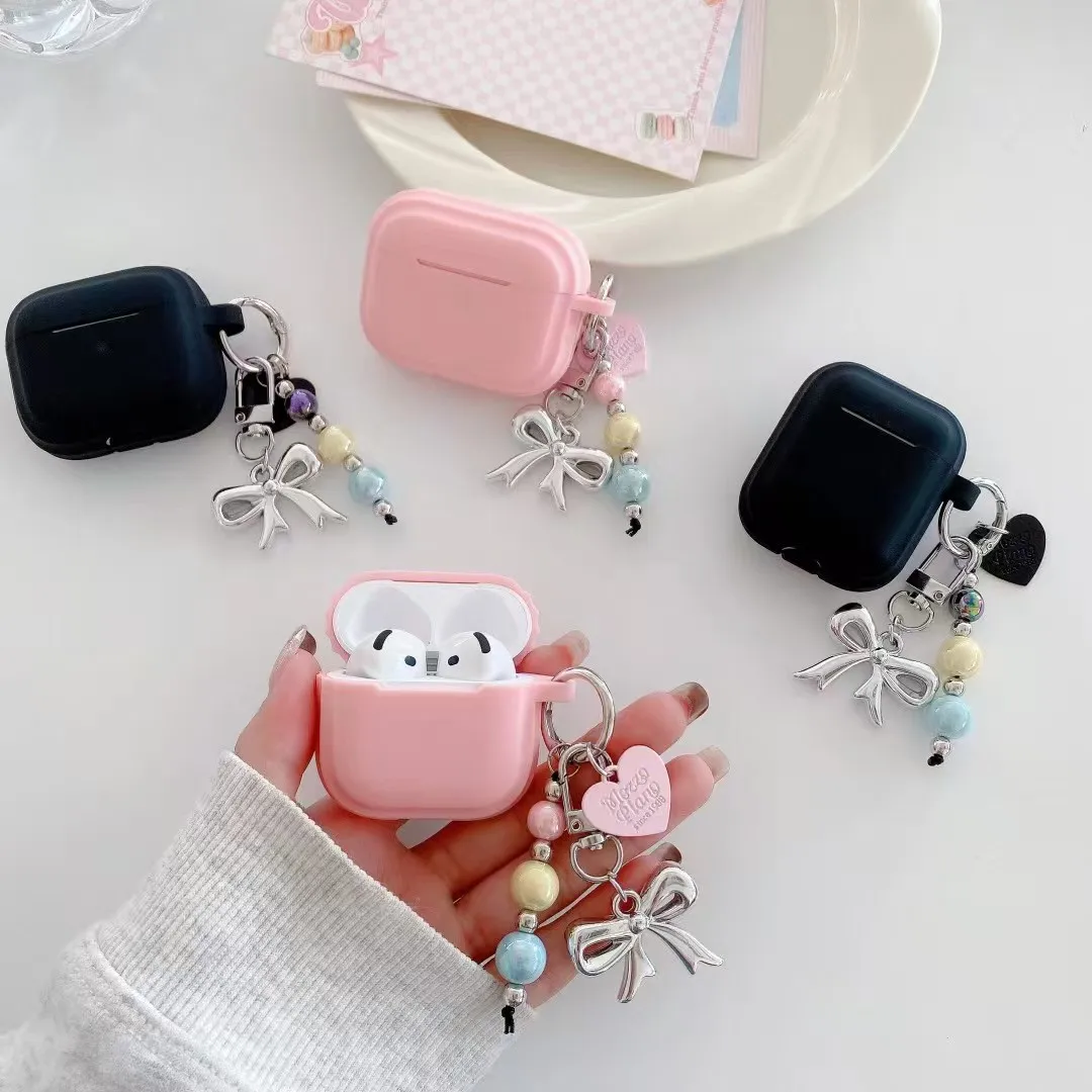 Simple Black Pink Color Earphone Case For Airpods Pro 3 Pro2 Silicone Anti-drop Headphone Cover With Pendant For Airpods 4 3 2 1