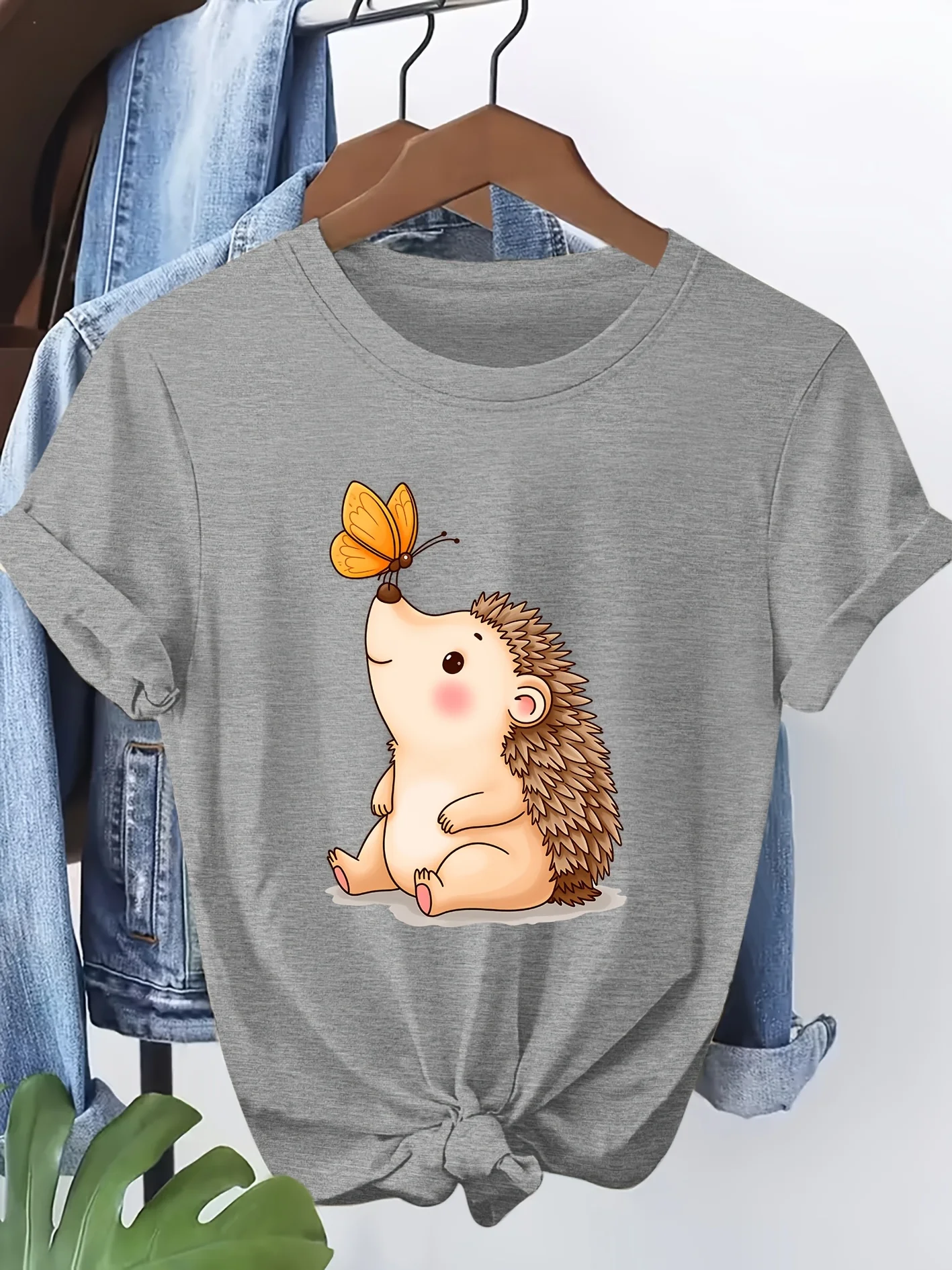 Hedgehog Butterfly Healing Printed Round Neck Skin Friendly Soft Summer Personality Funny Casual Trendy Daily Women's Top