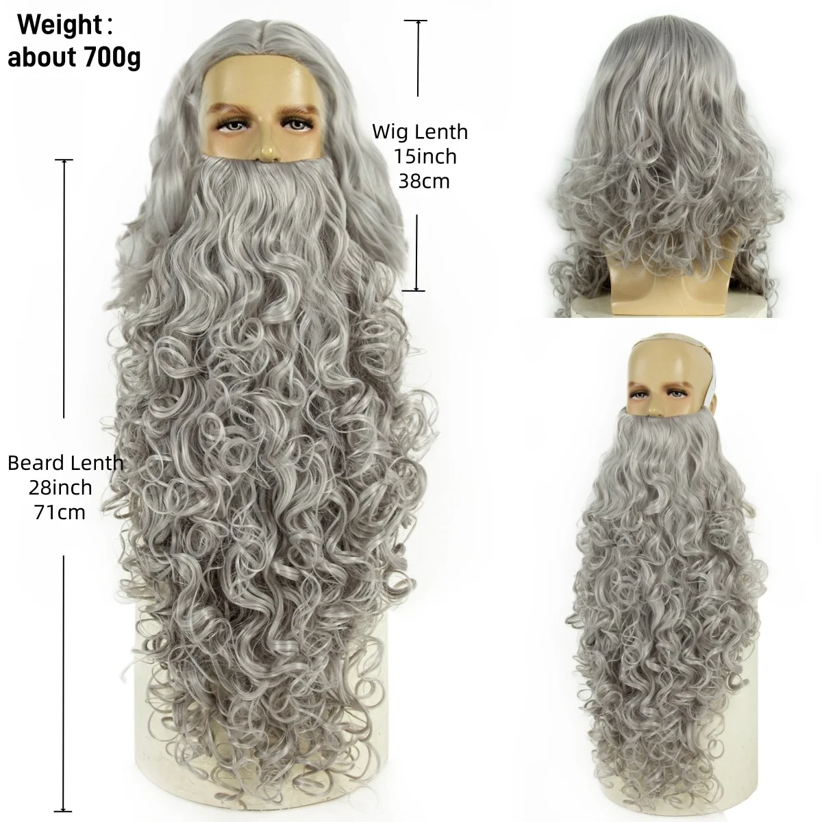REEWES Wig Beard Set Grey Long Curl Yaki Synthetic Hair Old Man Costume Wig Anime Cosplay Halloween Party Proofs