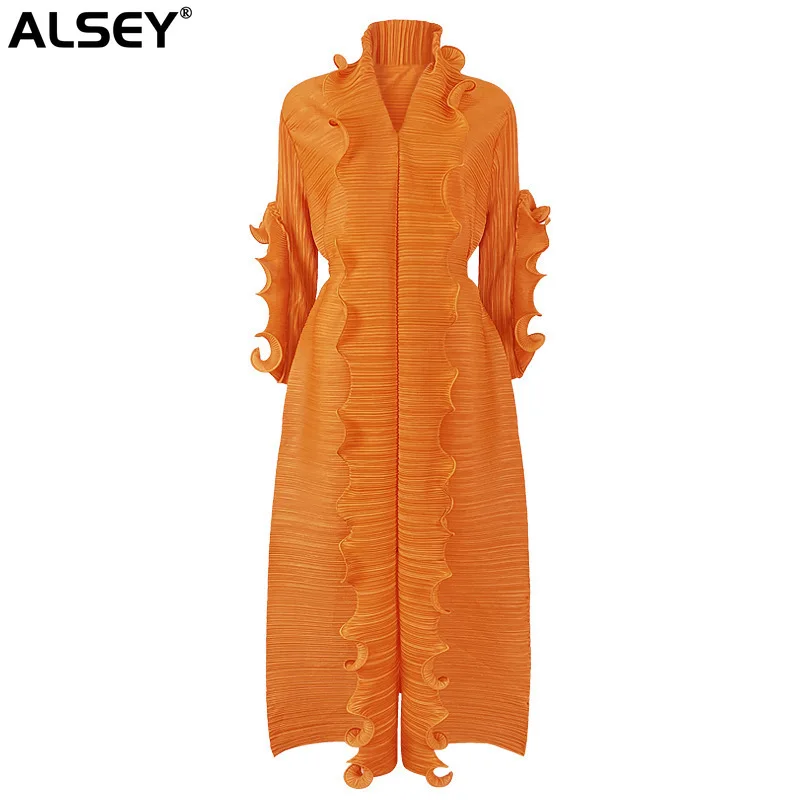 

ALSEY Miyake Pleated Women's Dress 2024 New Autumn Elegant Solid Color Ruffles Office Lady Long Sleeve V-Neck Casual Model Dress