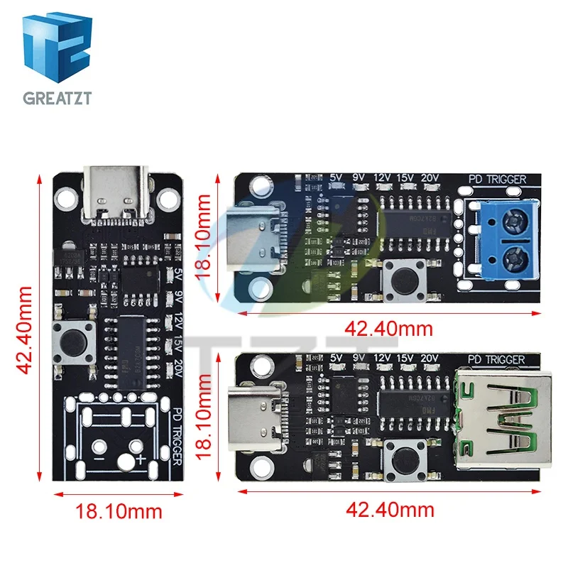 GREATZT 100W 5A USB-C Fast Charge Trigger Board Module PD/QC Decoy Board Fast Charge USB Type-c PD 2.0 3.0 Module