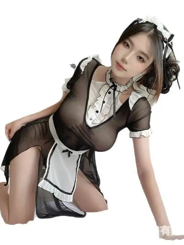 Neue Sexy Maid Uniform Pure Desire Versuchung Schlitz Maid Kleid Transparent Kurzarm Maid Schürze Bowknot Kleid Pure Desire I33O