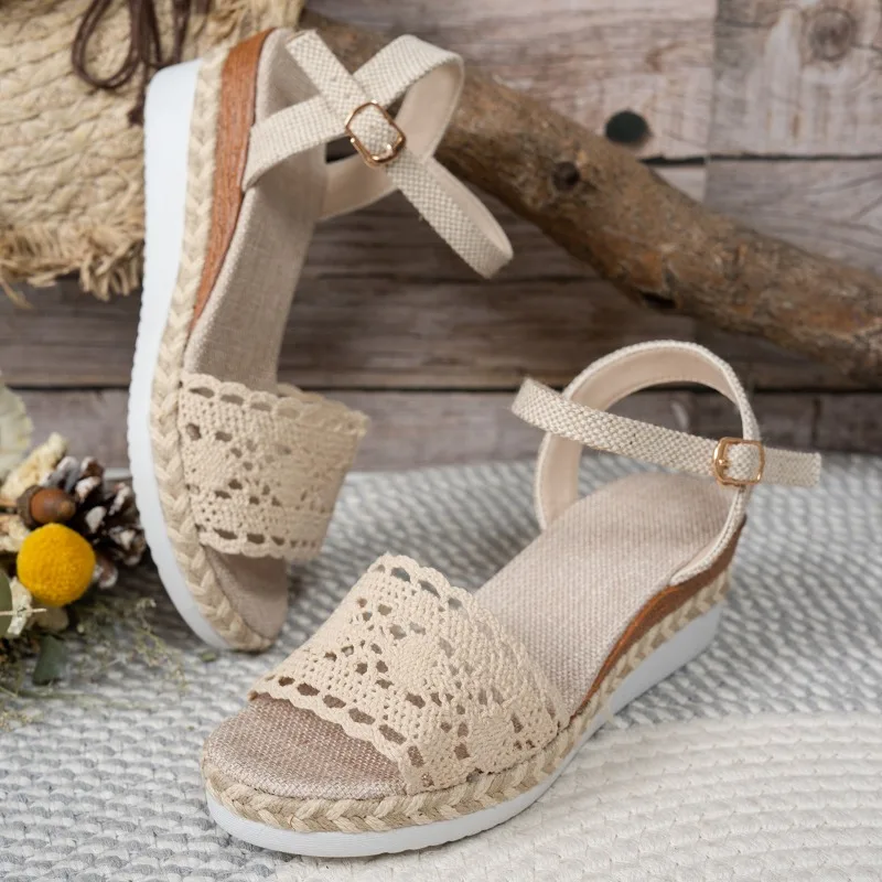 Women Lace Wedge Sandals Espadrille Platform Peep Toe Ankle Strap Summer Casual Shoes Comfortable Outdoor Beach Walking Dressy view 2
