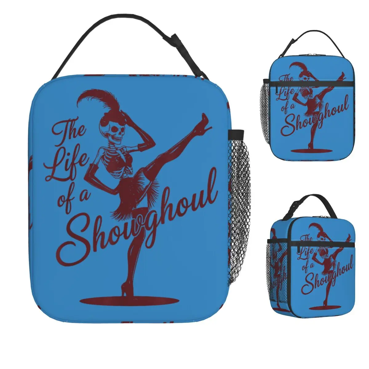 Life Of A Showghoul Retro Halloween Skeleton Graphic Girl Lunch Bag Portable Zipper Lunch Box Outdoor Picnic Print Cooler Bag