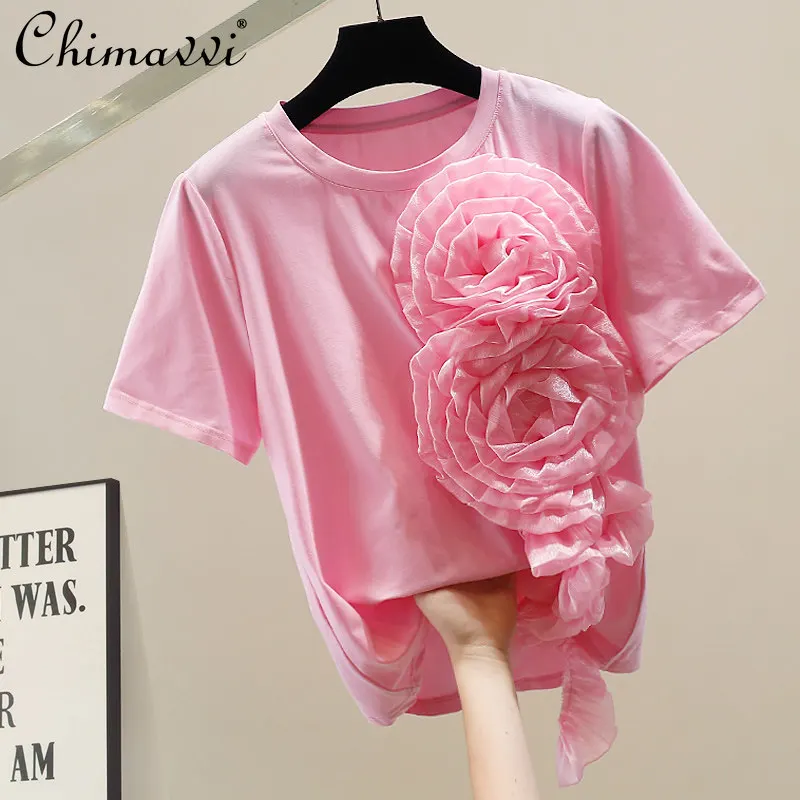 

Новая весенне-летняя модная женская футболка с объемным 3D цветочным принтом, круглым вырезом и коротким рукавом, в корейском стиле, приталенная, элегантная, розовая