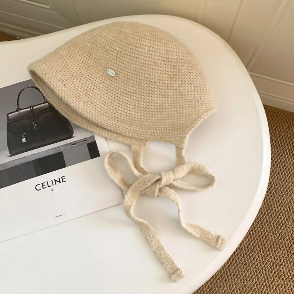 Gorro de pescador de invierno para mujer con abertura trasera y correas, gorro de pescador de punto grueso y cálido con orejeras para protección contra el frío