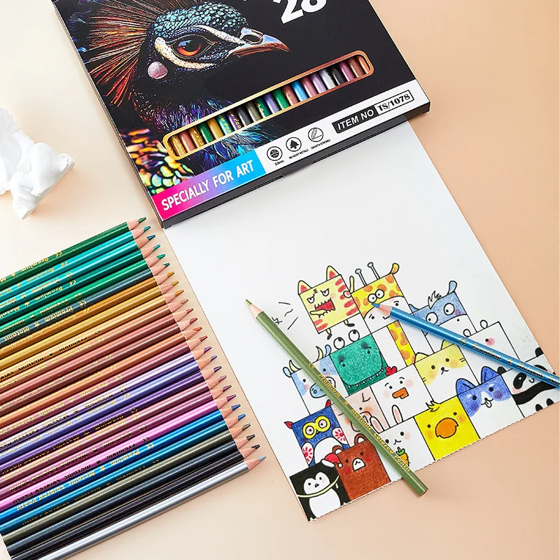 قلم رصاص ملون معدني 12/28 لون مجموعة أقلام رسم للأطفال لوازم فنية قرطاسية Kawaii