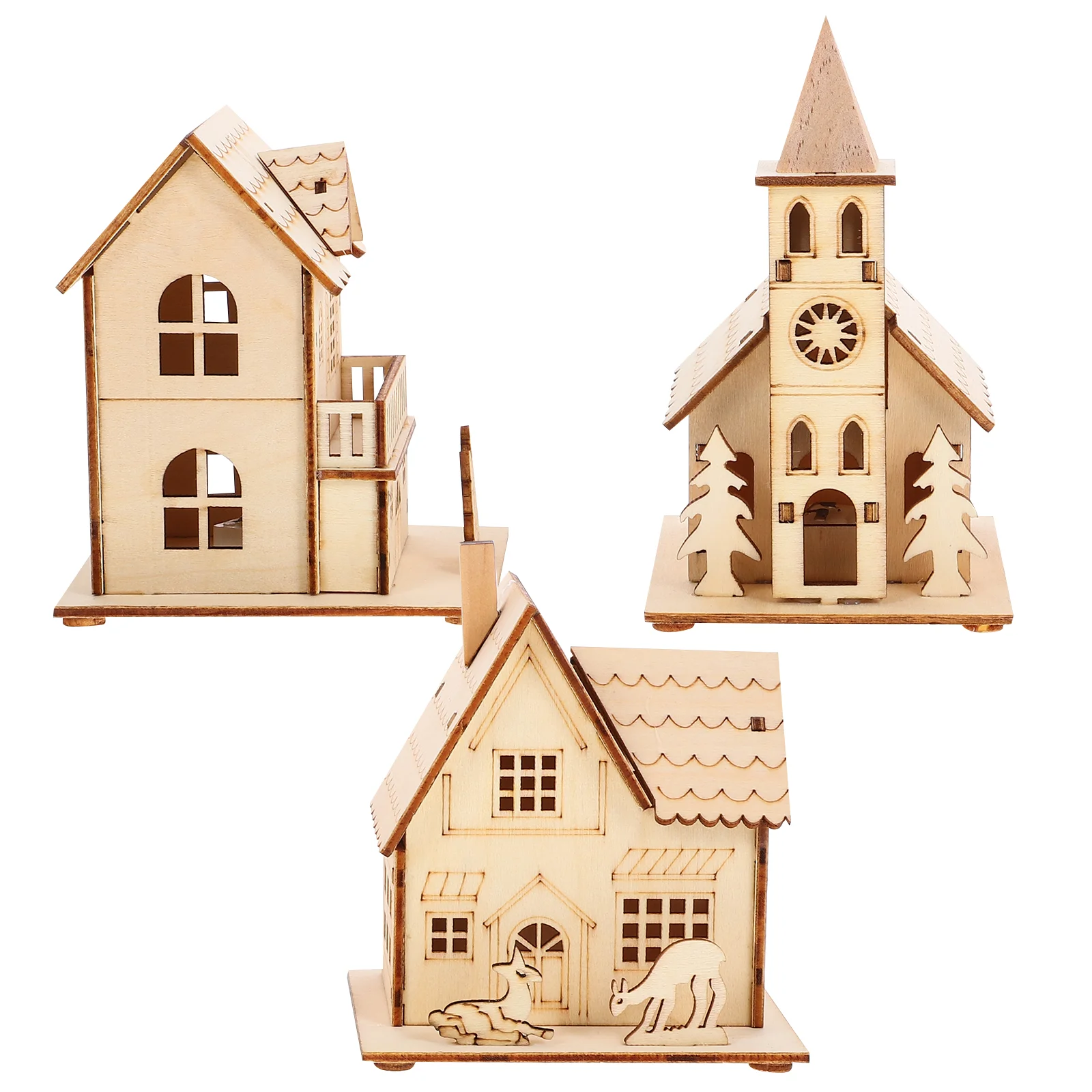 

3 Pcs Decorate Wooden Luminous Cabin Ornaments Indoor Christmas Decorations Play House