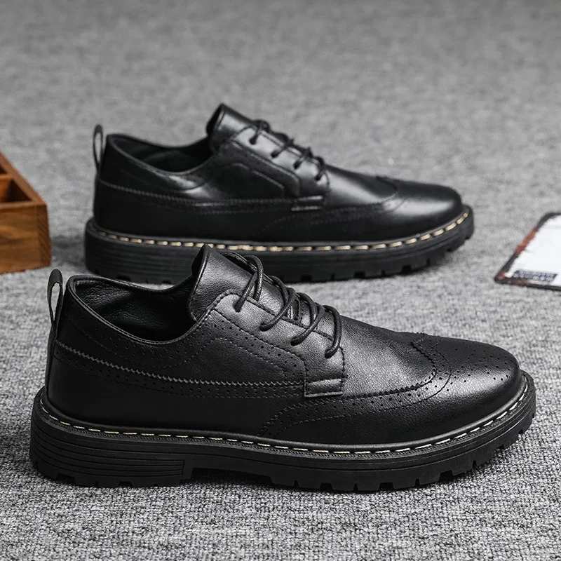 2023 Autumn Early Winter Shoes Men Footwear Fashion Cool Young Man Brogue Shoes Brand Male Footwear Pure Black KA2839