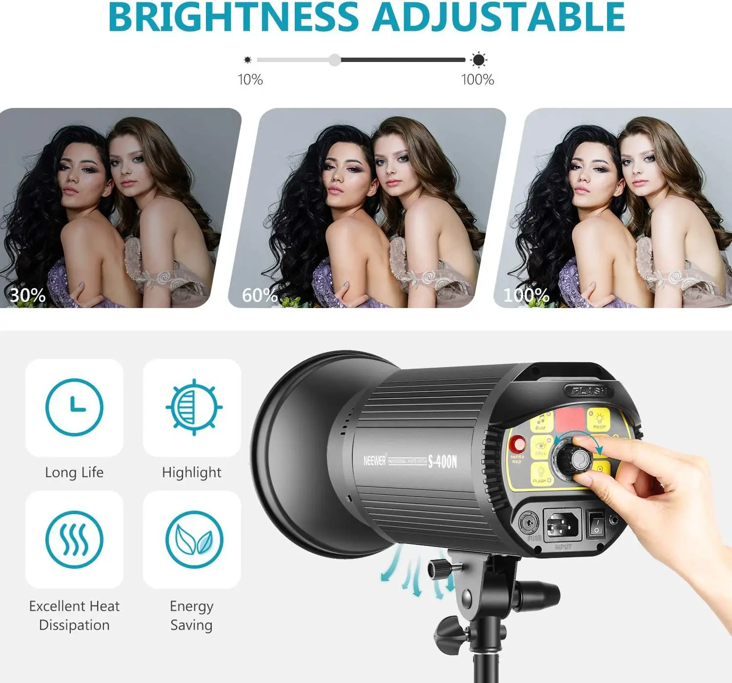 Neewer Flash Strobe Professional Studio 400 W GN60 5600 K with Bulb of modelizzazione and Aluminium Alloy Structure (s400 N)