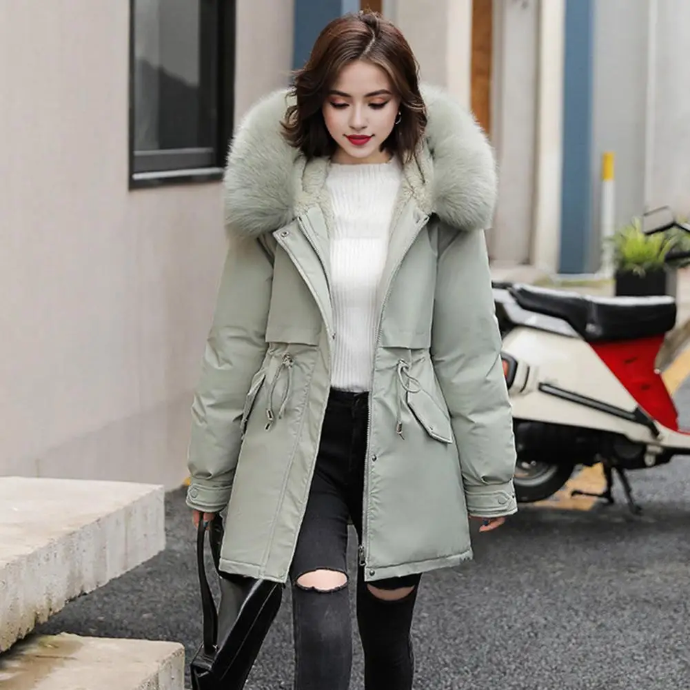 Women Warm Jacket Windproof Winter Down Coat with Plush Hood Adjustable Drawstring Mid Length Jacket with for Outwear for Long