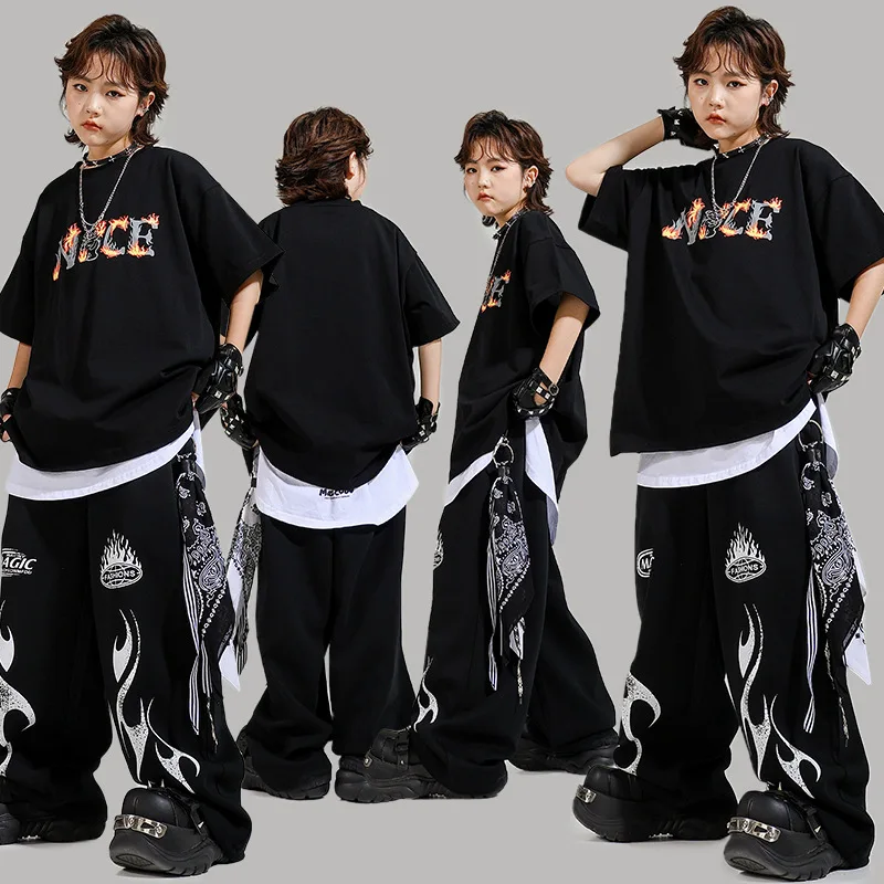 

Kid Kpop Hip Hop Clothing Black Letters T Shirt Casual Print Wide Sport Sweat Pants for Girl Boy Jazz Dance Wear Costume Clothes