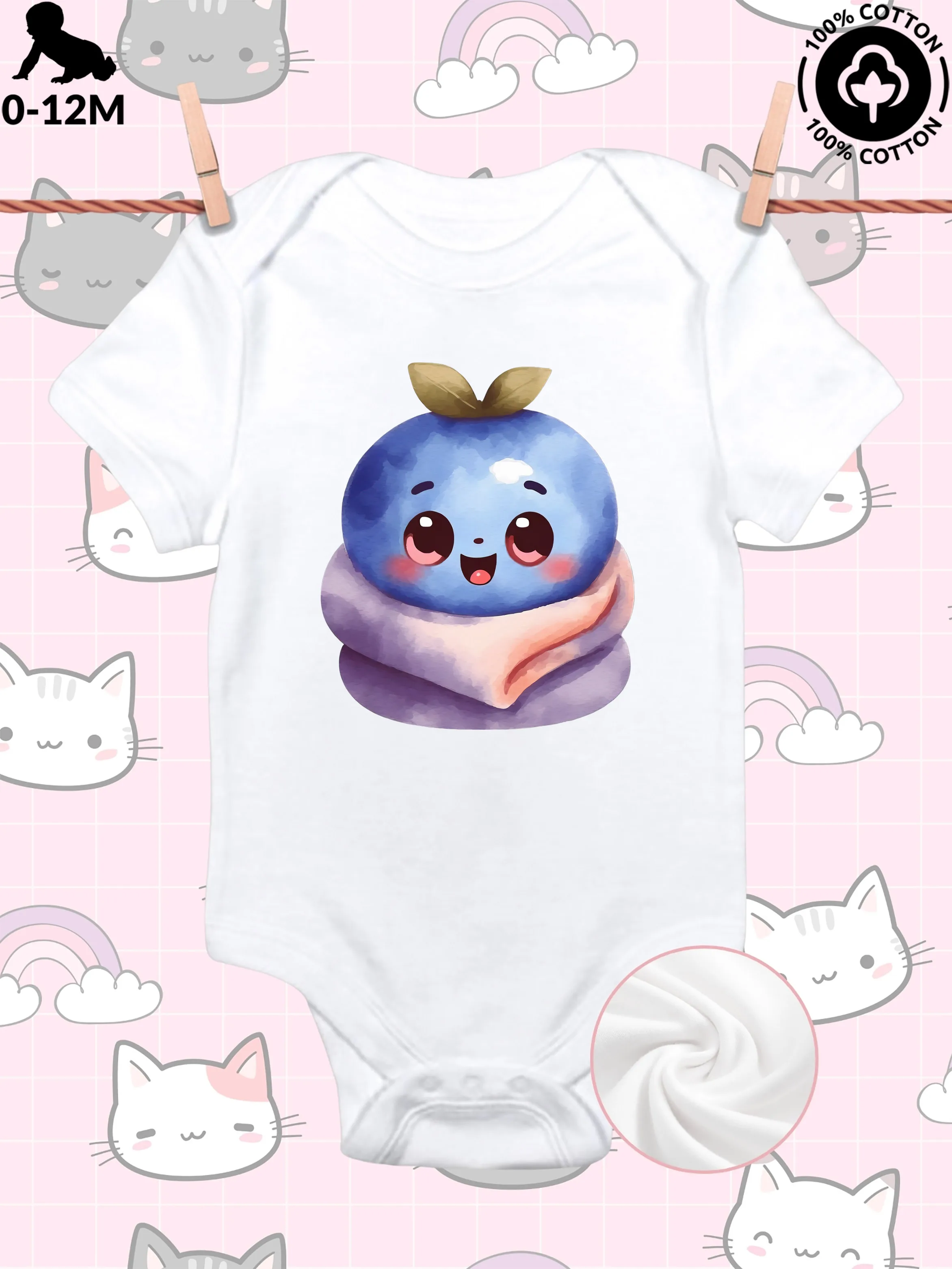 

Уютный комбинезон-слип для малышей унисекс с принтом «Черника», из чистого хлопка, мягкий, всесезонный, белый, 190 г/м²