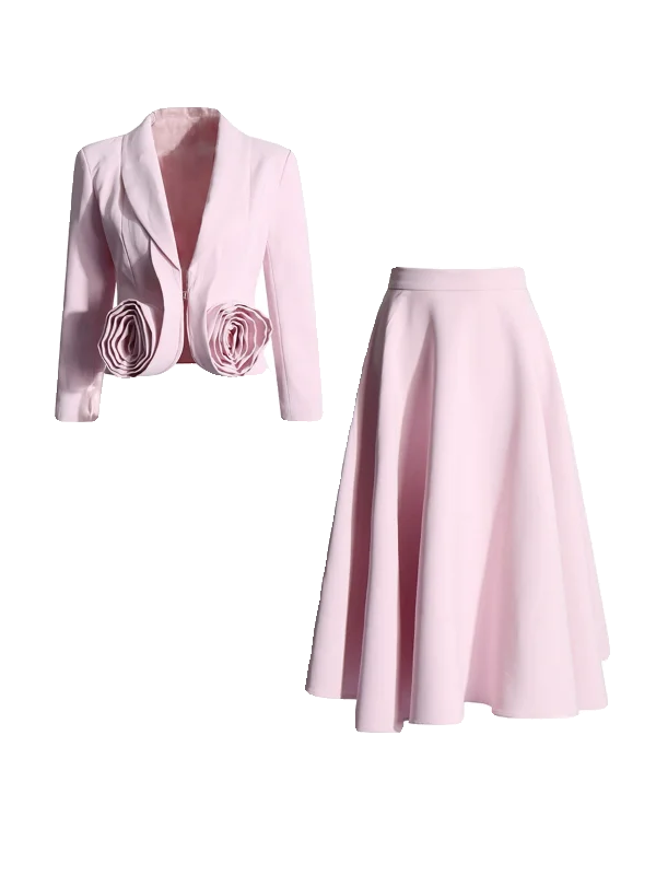 2024 Spring New Skirt Suit V-neck Stitching Three-Dimensional Rose Short Suit Jacket Pleated High Waist Skirt Two-Piece Suit