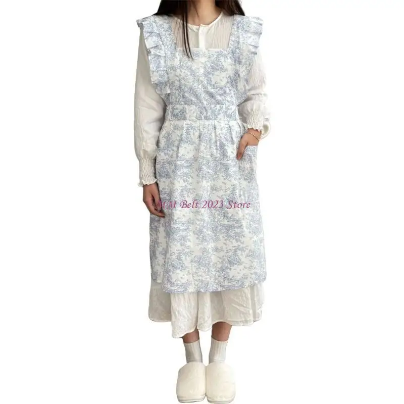 

49ME фартук с акварельным принтом во французском стиле и рюшами по краю, регулируемый воротник и поясные ремни, хлопковый фартук