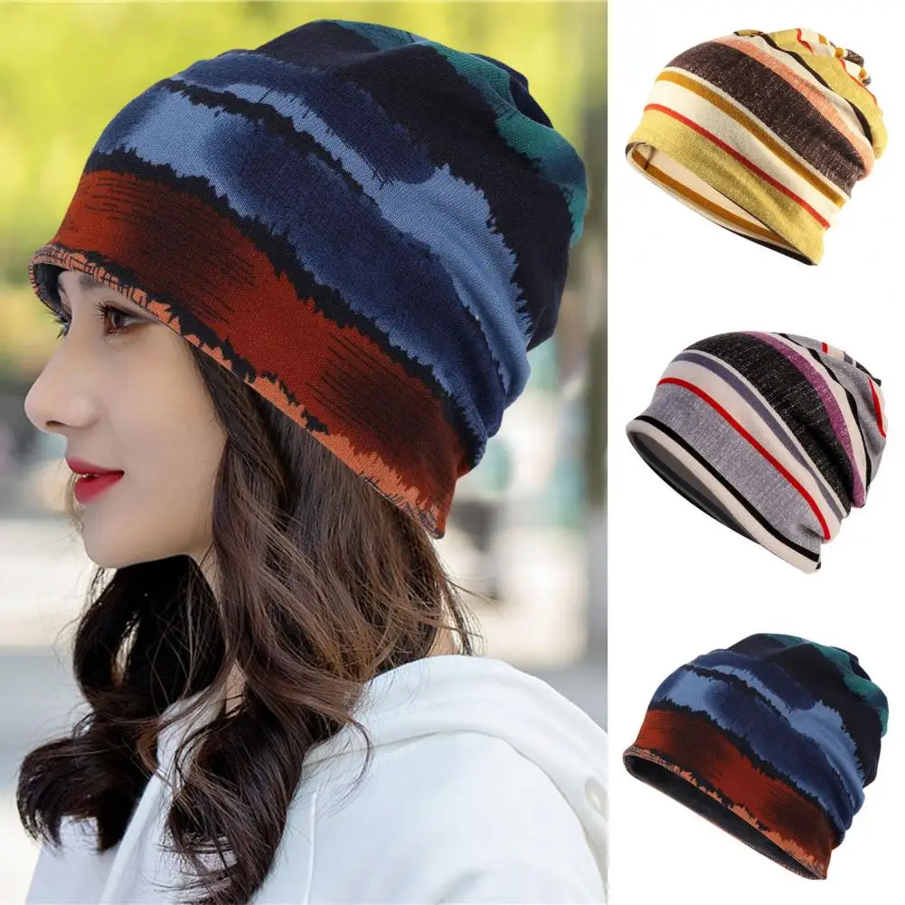 Unsiex Fall Winter Hat Striped Elastic No Brim Regular Fit Cap Baggy Ear Decorative Hip Hop Women Men Beanie Cap