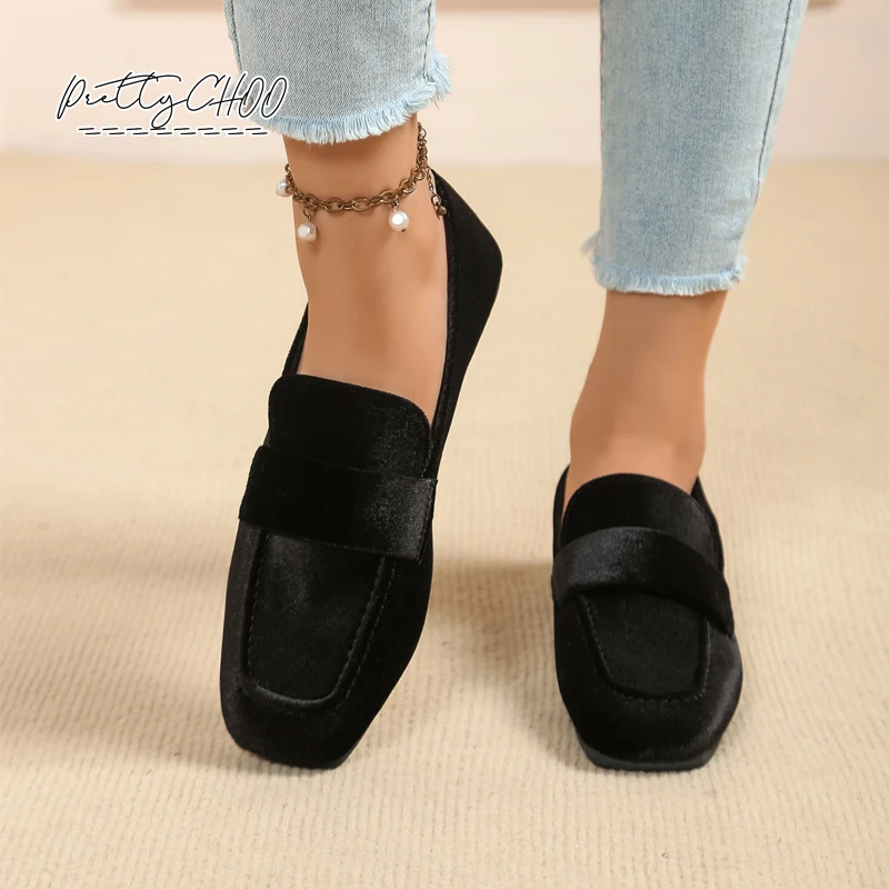 Elegant Square Toe Velvet Moccasin Shoes Woman Retro Green Velour Loafers Ladies Casual Purple Slip-on Flat Zapatos Plus Size