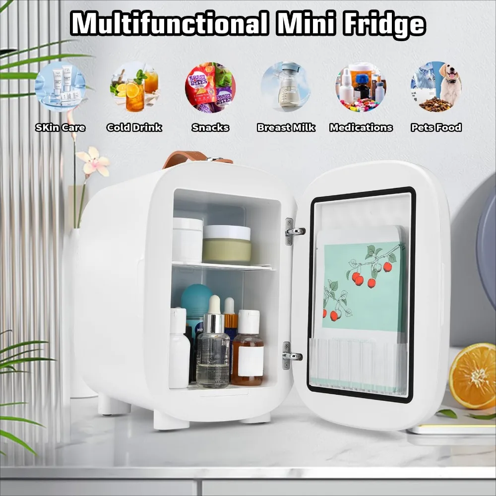 Mini Fridge, Skincare Cooler & Warmer, 4 Liter/6 Can Portable Small Refrigerator with 12v AC/DC/USB Option for Drinks, Makeup