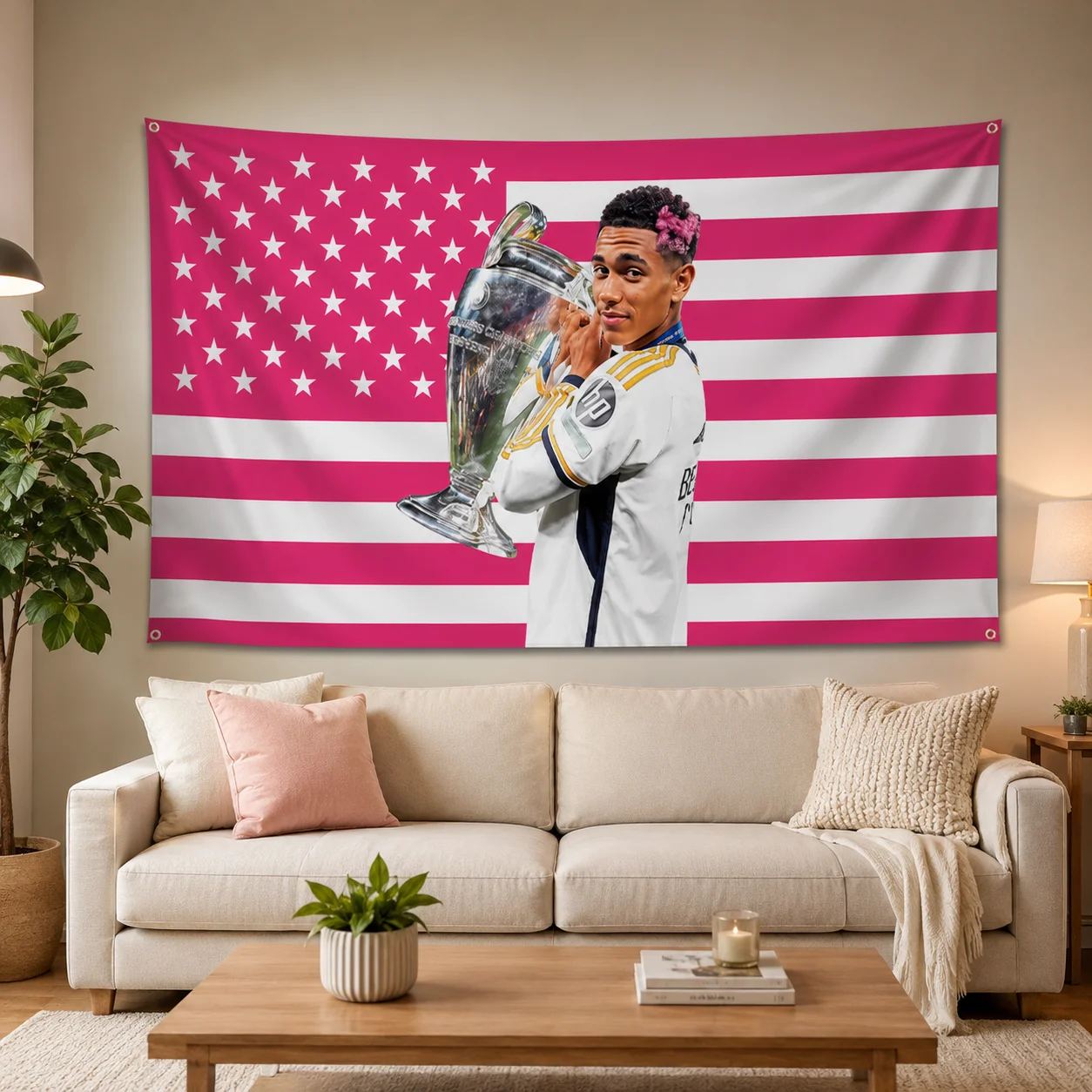 Jude Bellingham Pink American Flag Tapestry, Football Star Wall Hanging, Cool Room Stuff