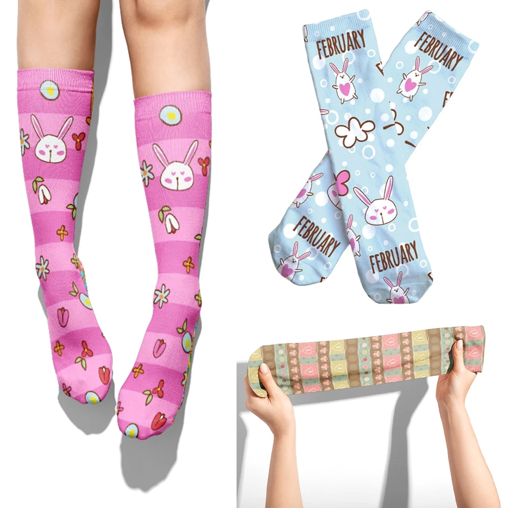 

Cute cartoon rabbit 3D printed women's socks Harajuku happy striped girl pink Long Socks fashion funny socks