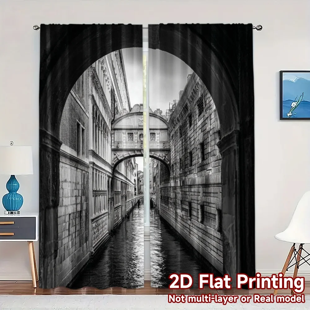 2pcs, 2D FLAT PRINTING Curtains (Without Rod) Bridge of Sighs Contemporary Popular Curtains Versatile Polyester Curtains