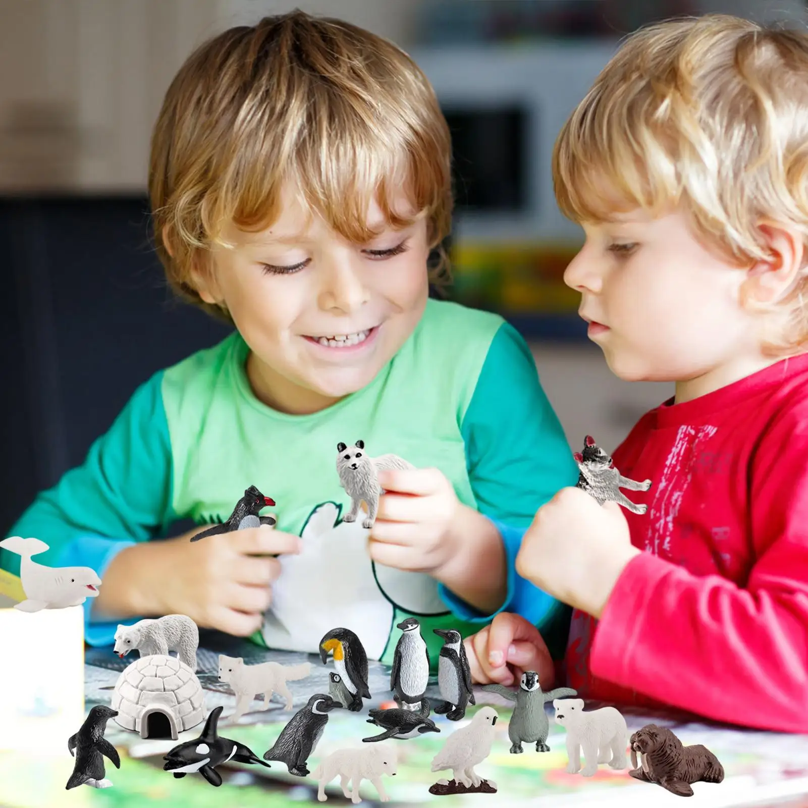 26個のリアルな極地動物モデルフィギュアおもちゃ、北極動物フィギュア、シロクマ、トナカイ、アザラシ、オオカミ、ウサギ、シロキツネ、イグルー