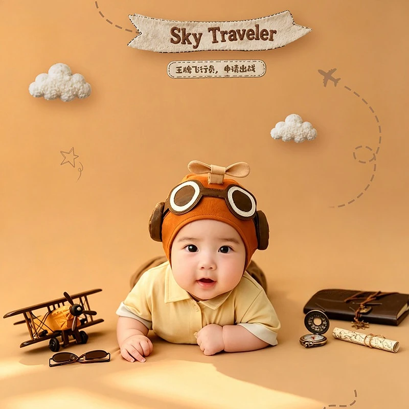 Newborn Photography Props Baby Boy Pilot Theme Outfit with Hat Set Backdrop Airplane Map Notebook Decors for Studio Photoshoot