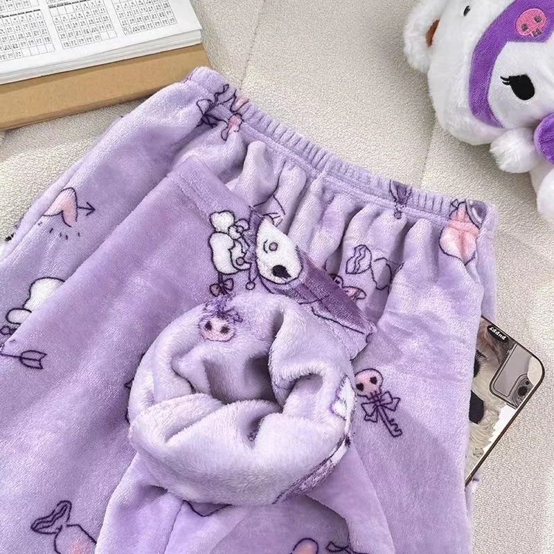 Miniso Kuromi Flannel Pajamas Pants For Women Sweet Cartoon Sleeping Warm Pants Coral Fleece Warm Pants Home Clothes For Winter