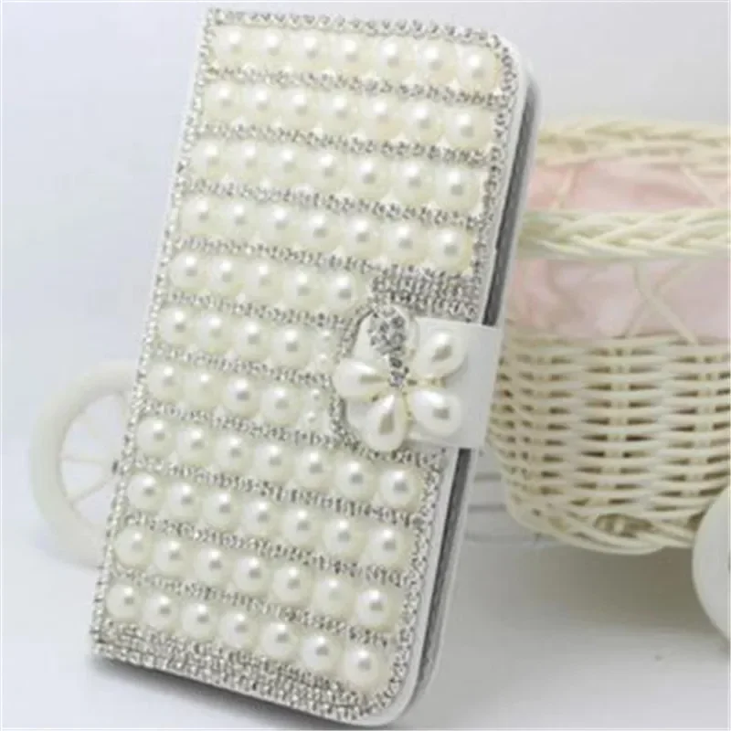 Luxury Crystal Rhinestone Wallet Leather Diamond Phone Case For SamsungS23 S22 S21 S25 S24 Note20 10 Pearl Flower Lipstick Cover