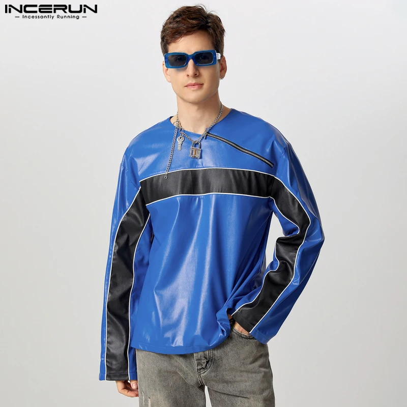 INCERUN 2024 Handsome Men Clothing PU Leather Zipper Jacket Casual Personality Splicing Color Blocking Long Sleeved Jacket S-5XL